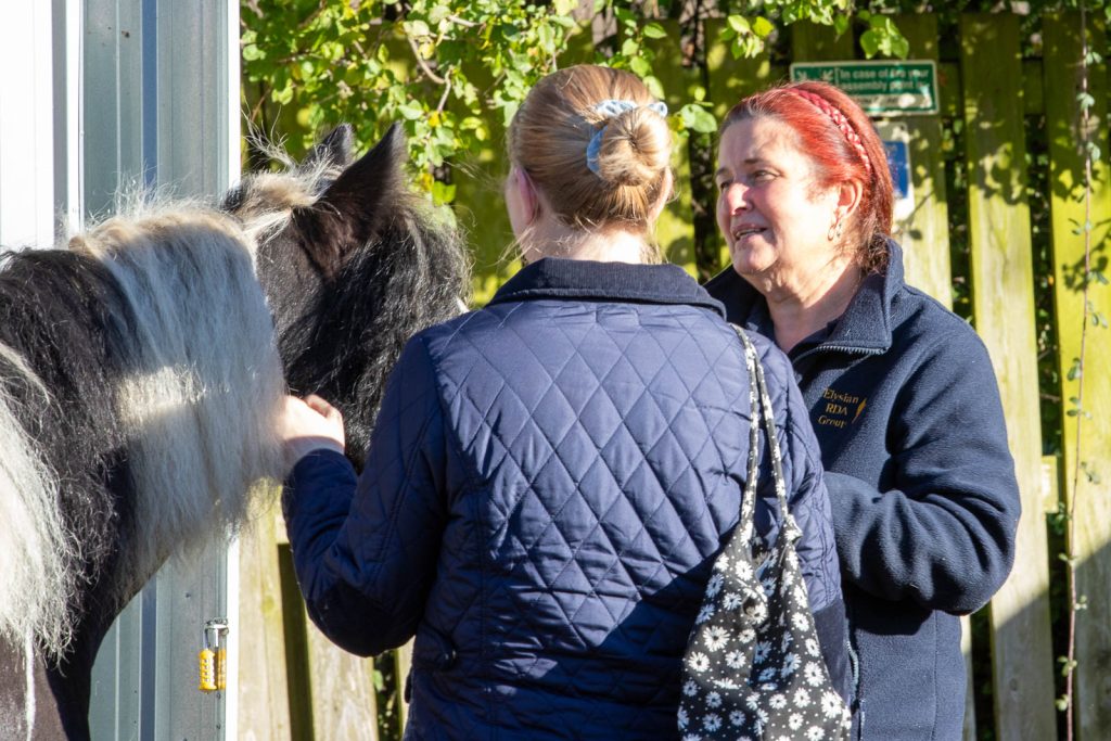 Image of two volunteers chatting to each other with pony in background